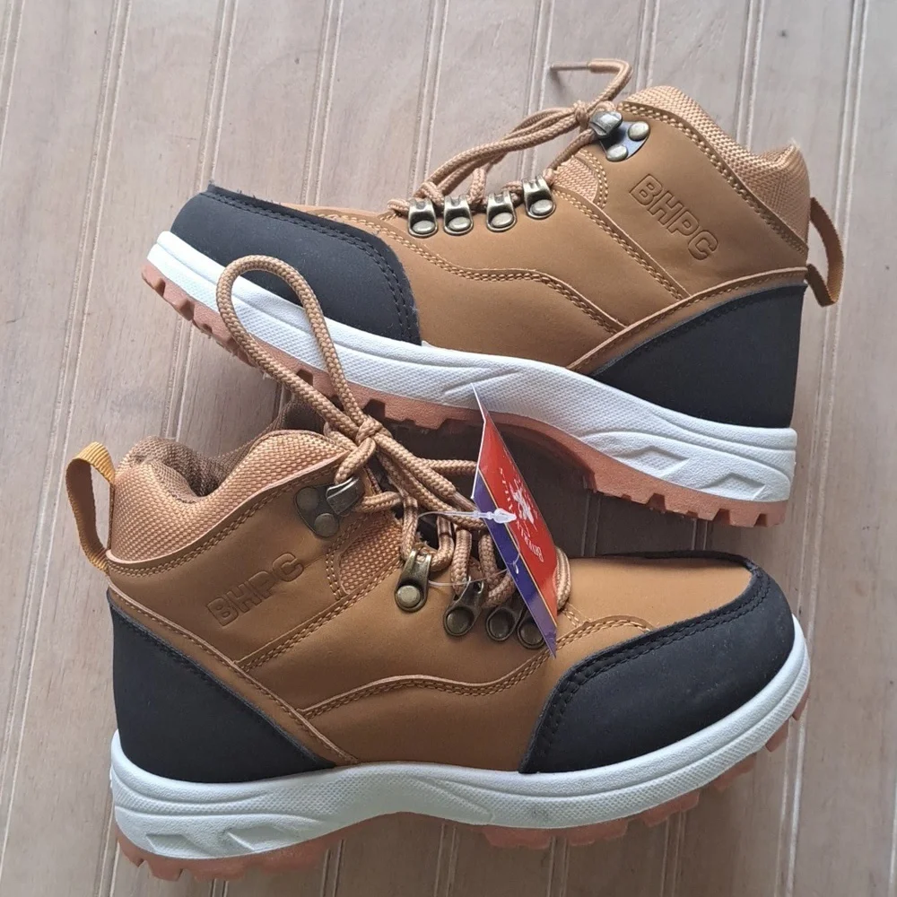 NWT Beverly Hills Polo Club Youth Causal Brown Blk Leather Lace-Up Hiking Boots - Picture 1 of 13